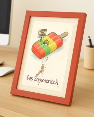 humorvoller sommerloch comic kunstdruck im bilderrahmen als kleine wanddeko