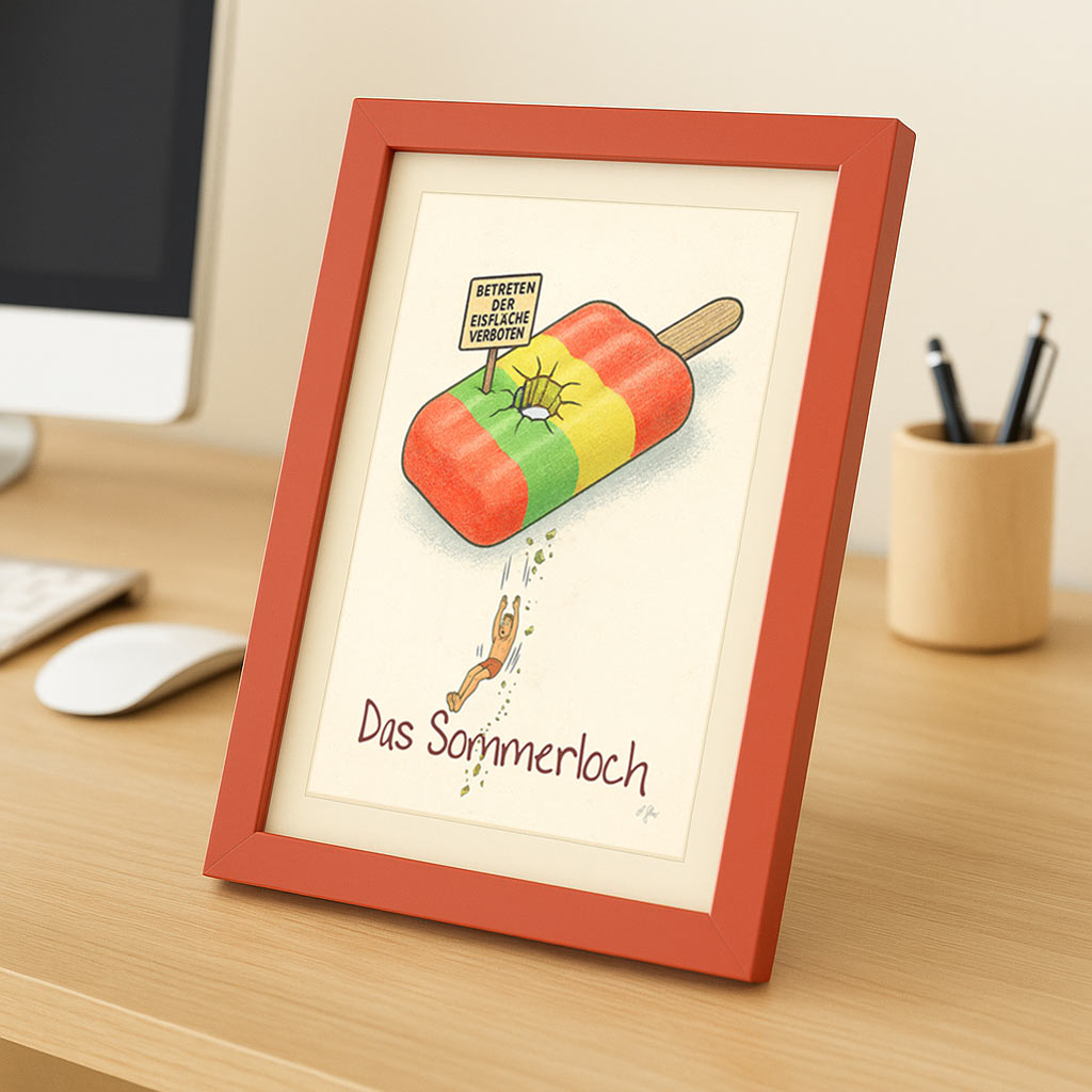 humorvoller sommerloch comic kunstdruck im bilderrahmen als kleine wanddeko